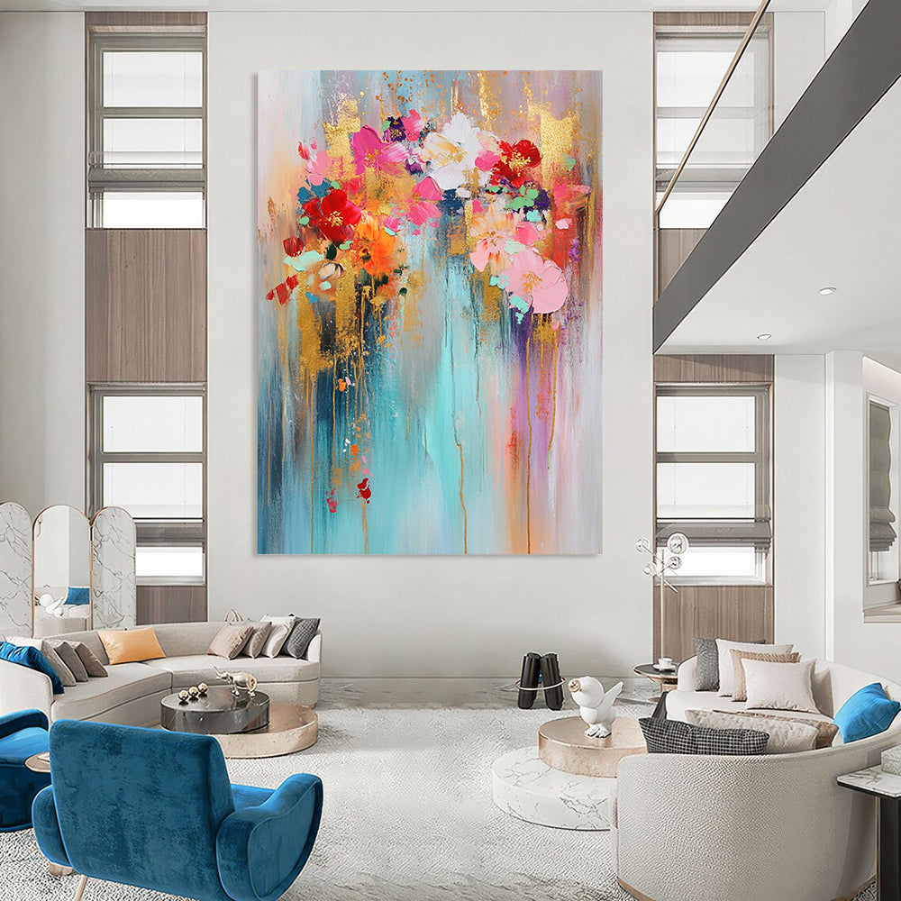 Contemporary abstract art featuring gold leaf bright colors light blue background pink and red flowers golden glitter delicate strokes and dreamy atmosphere. DLZ0742