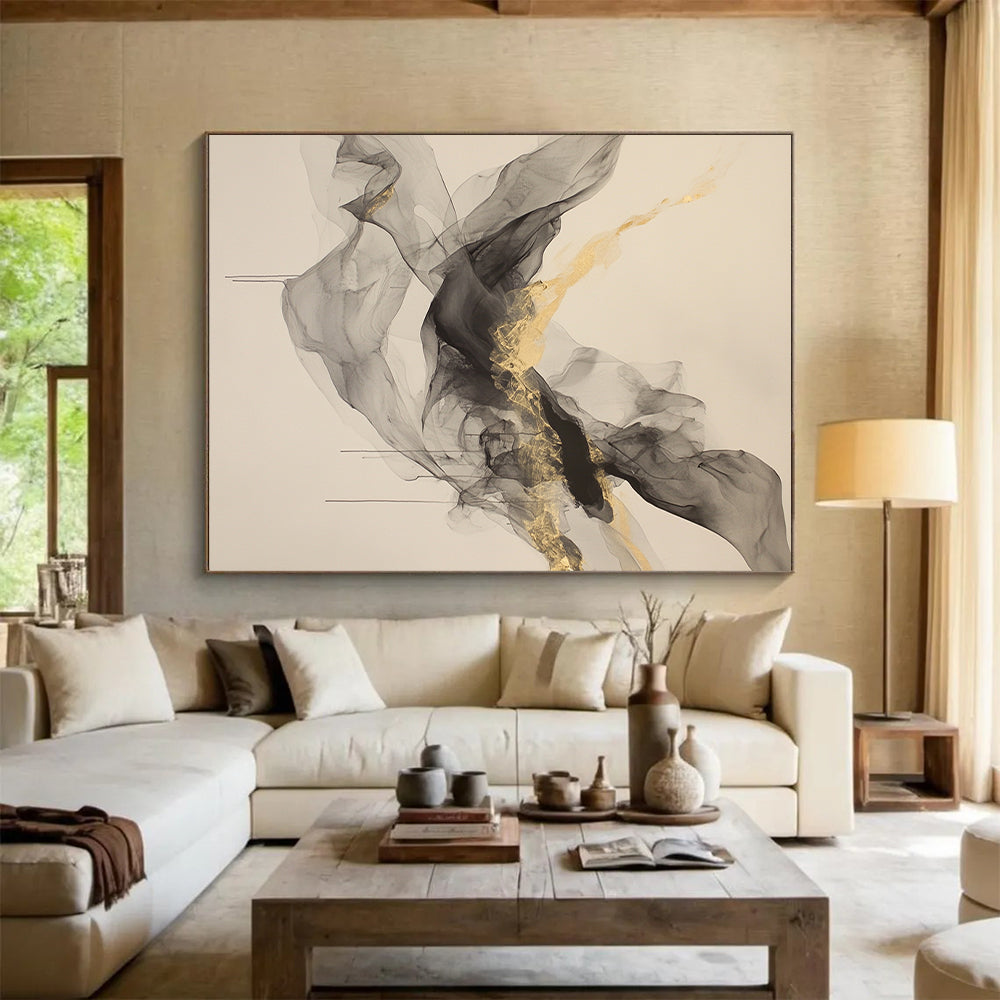 Beige, Gray, Gold, Flowing Shapes "Smoky Splendor" Abstract Painting On Canvas HB035
