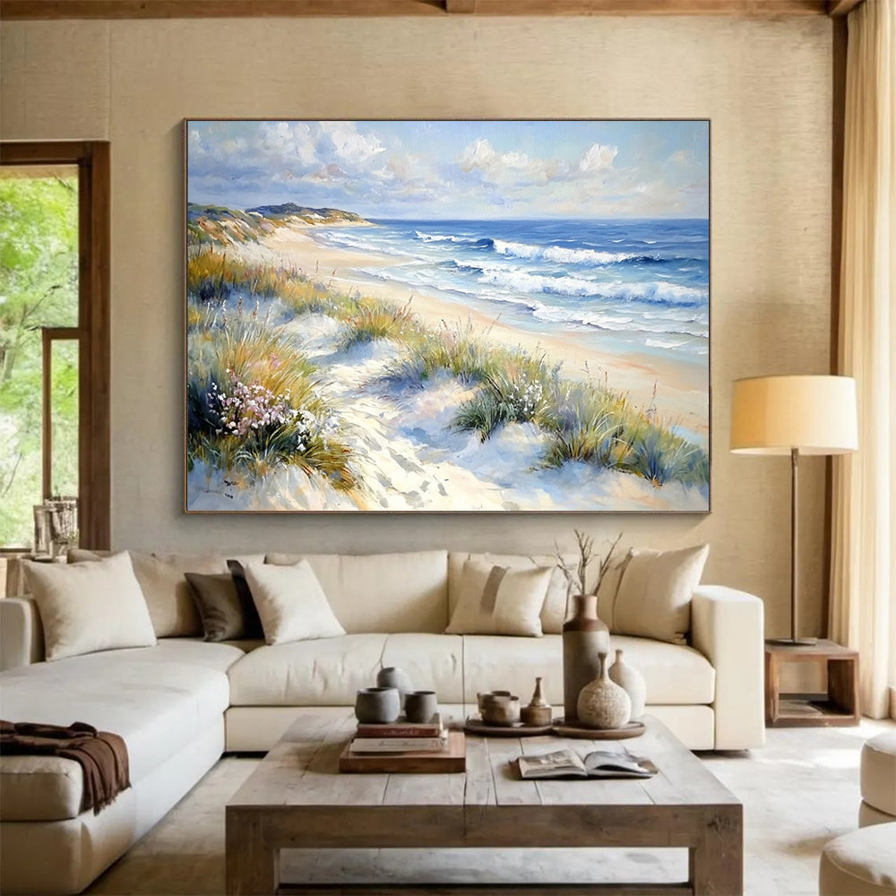 Blue, White, Yellow and Green Beach Landscape "Coastal Calm" Painting On Canvas HB0662