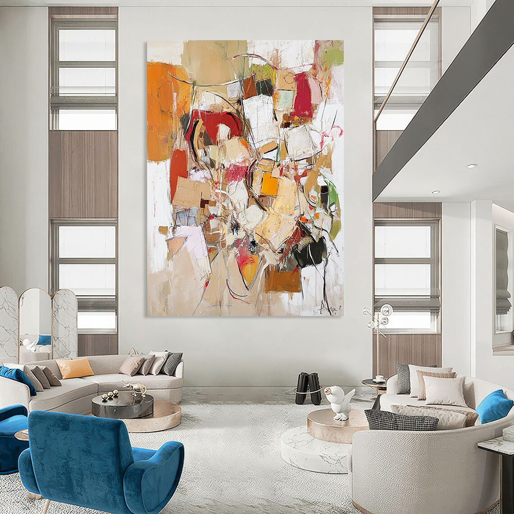 Contemporary abstract painting conveying life's chaos with textured elements in neutral tones of red, yellow, green, white, brown, and beige. DLZ1000