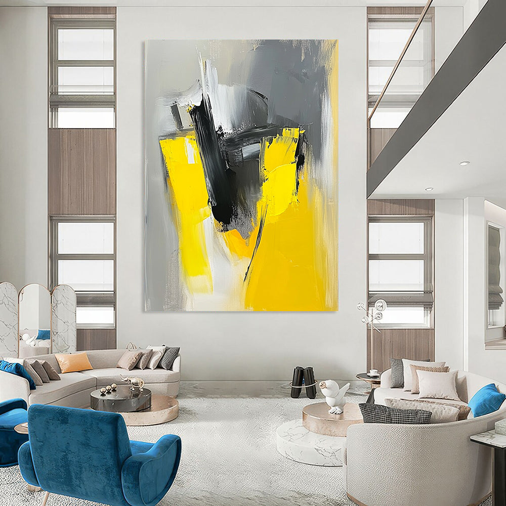 Large contemporary hand-painted abstract artwork featuring loose brush strokes in a striking gray and yellow color palette. DLZ0863