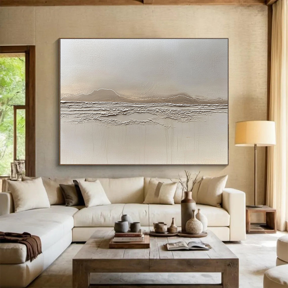 “Textured Beige Landscape Relief” - Beige, Textured Mountain & Sea Painting On Canvas HB0790