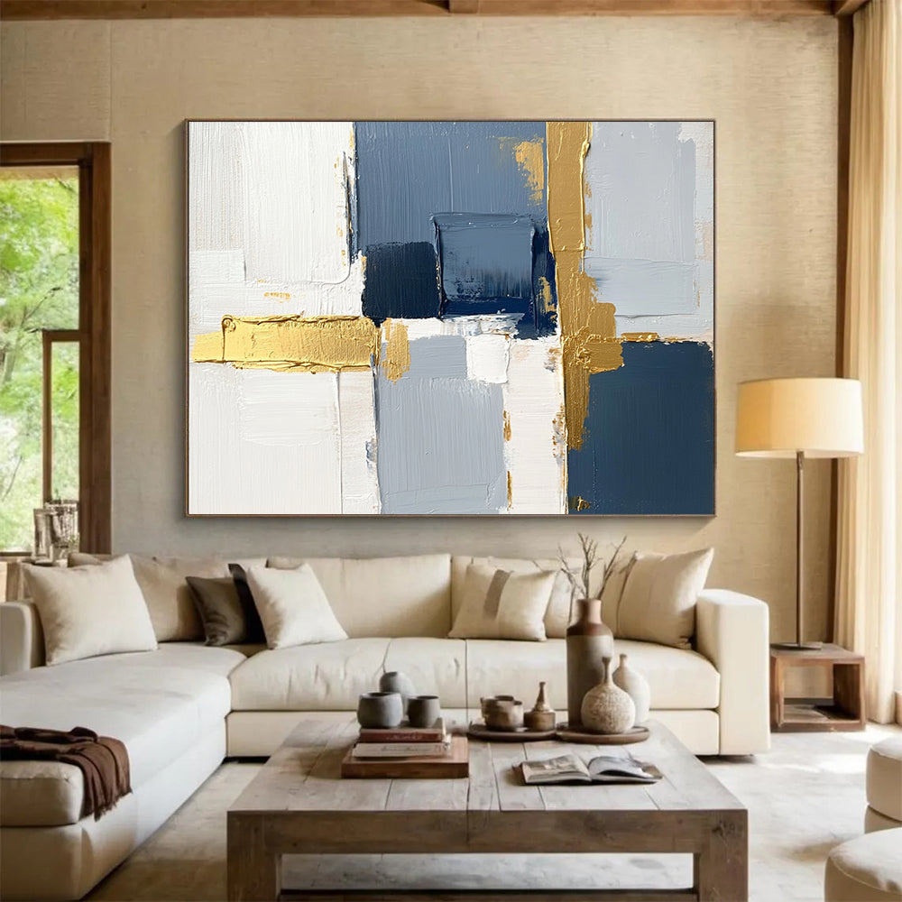 “Blue and Gold Geometric Abstract” - Blue, gray, white, gold; Geometric abstract with gold accents; Acrylic Painting On Canvas HB1252