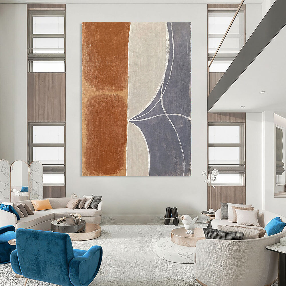 Contemporary abstract painting featuring organic shapes with terracotta brown and gray-blue hues enhanced by thick white lines and soft edges on a light gray background. DLZ0964