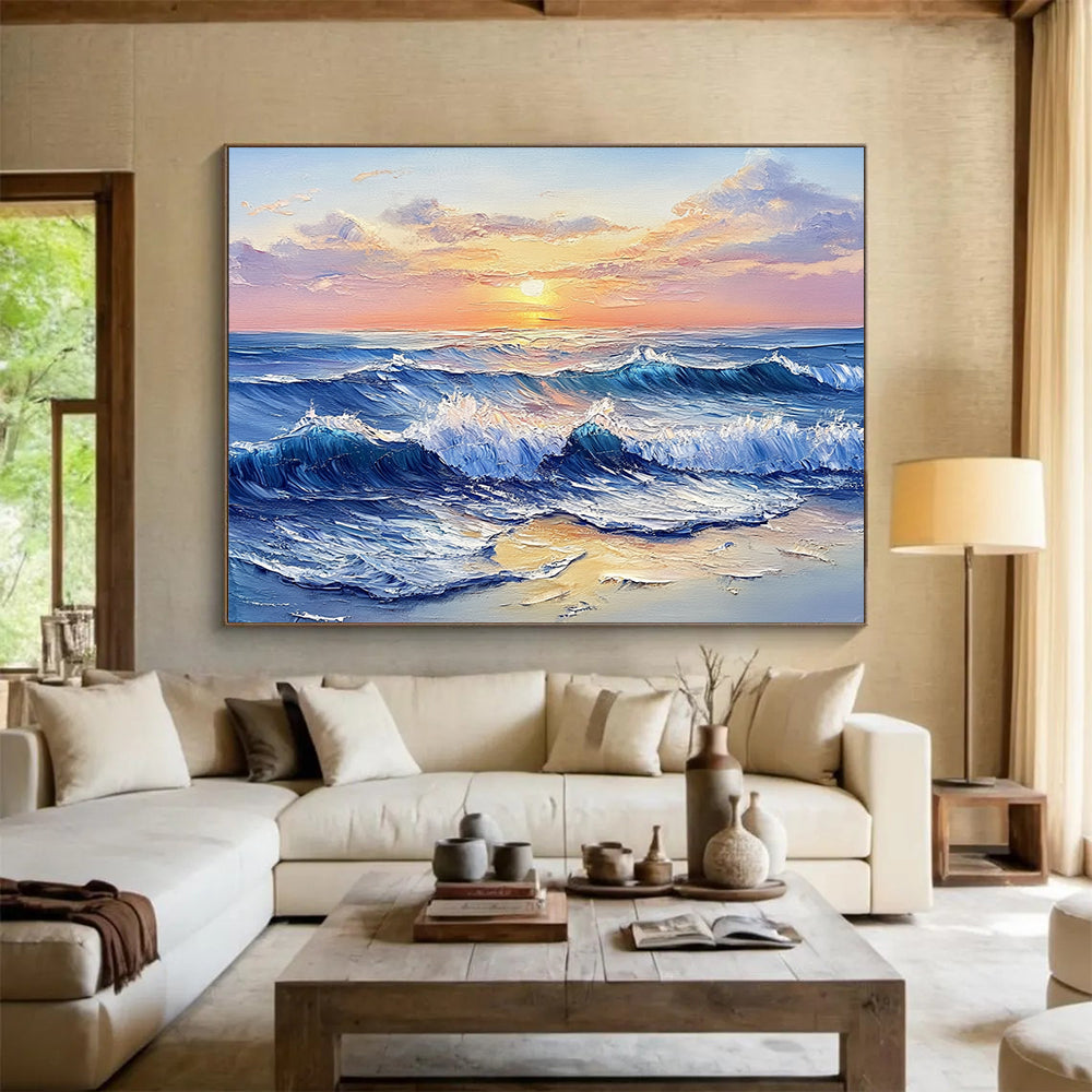 “Sunset Sea Waves” - Blues, Oranges, Yellows, Ocean Waves at Sunset - Impasto Oil Painting HB1706