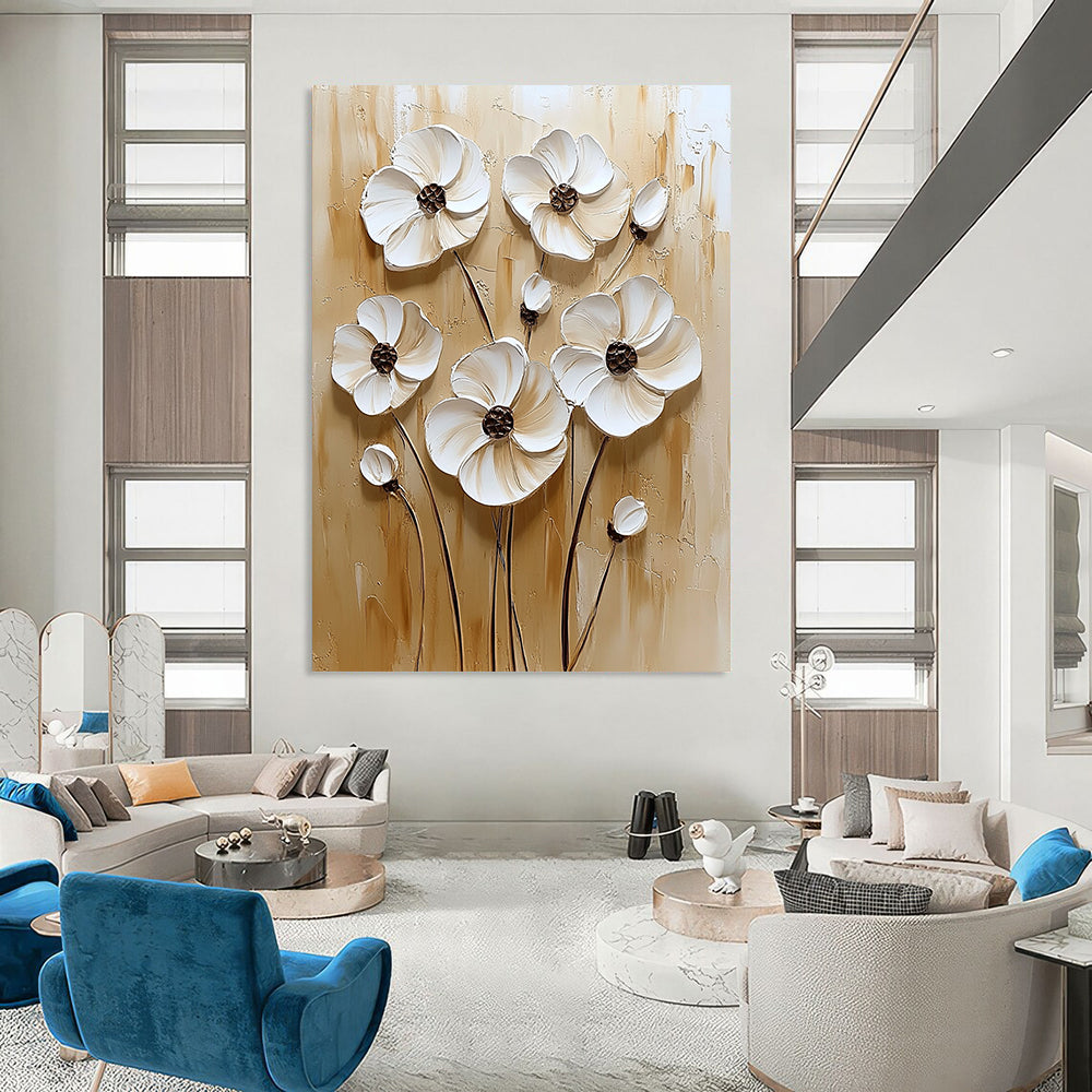Contemporary hand-painted abstract art featuring textured white flowers on a calming beige background with an elegant neutral color palette. DLZ0262