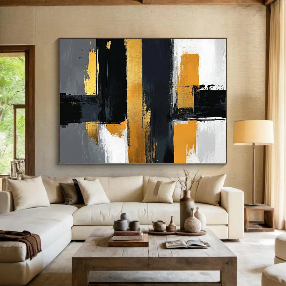“Geometric Gold - Black Columns” - Gold, Black, Gray, Geometric Columns Painting On Canvas HB0807