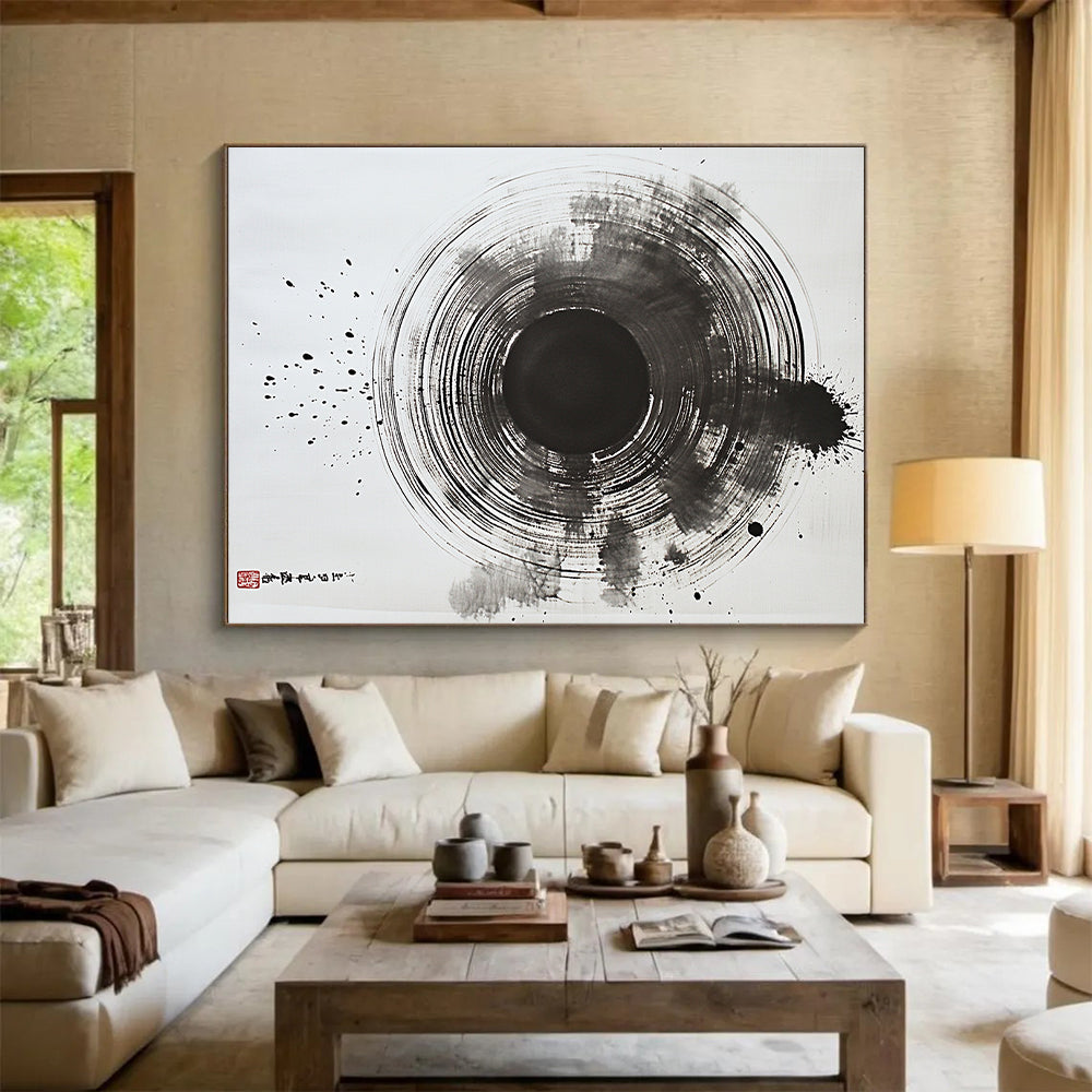 Black Gradient Circular Ink - “Subtle Enso Depth” Painting On Canvas HB234