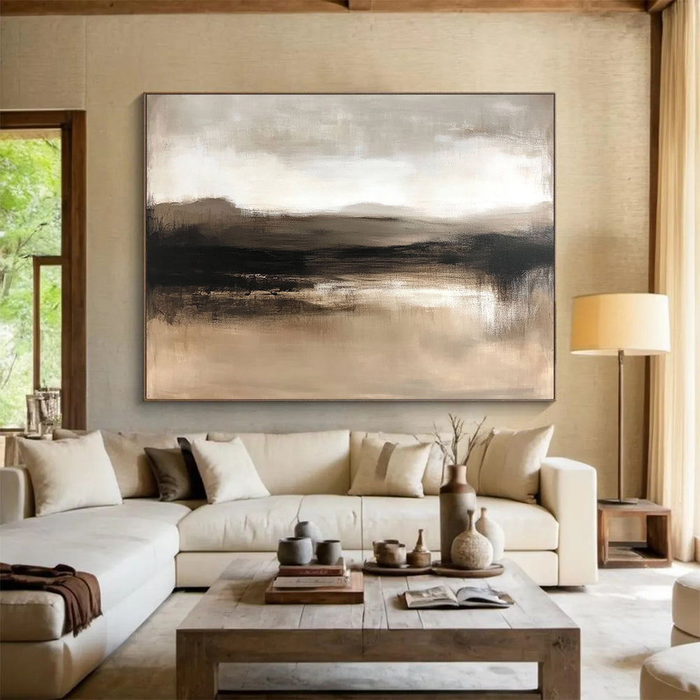 “Misty Earth Tones” - Warm Browns and Muted Grays, Hazy Landscape with Water Reflection Painting On Canvas HB0907
