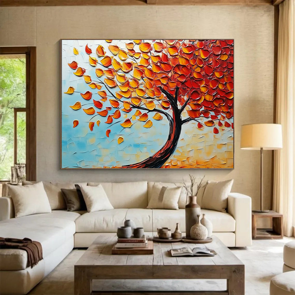 “Textured Autumn Tree” - Orange, Yellow, Red Leaves, Blue Sky, Palette Knife Landscape Painting On Canvas HB1100