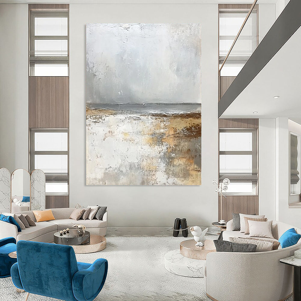 Contemporary abstract artwork featuring a serene misty beach in soft whites and greys exuding tranquility and harmony for elegant decor. DLZ0475