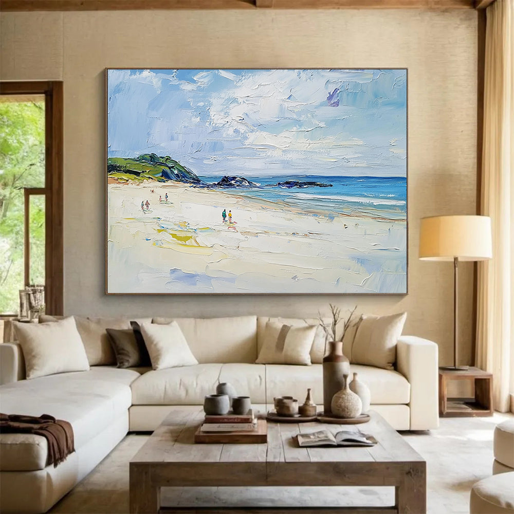 “Vibrant Beach Scene” - Blue, Green, White, Impasto Beach Painting On Canvas HB1009