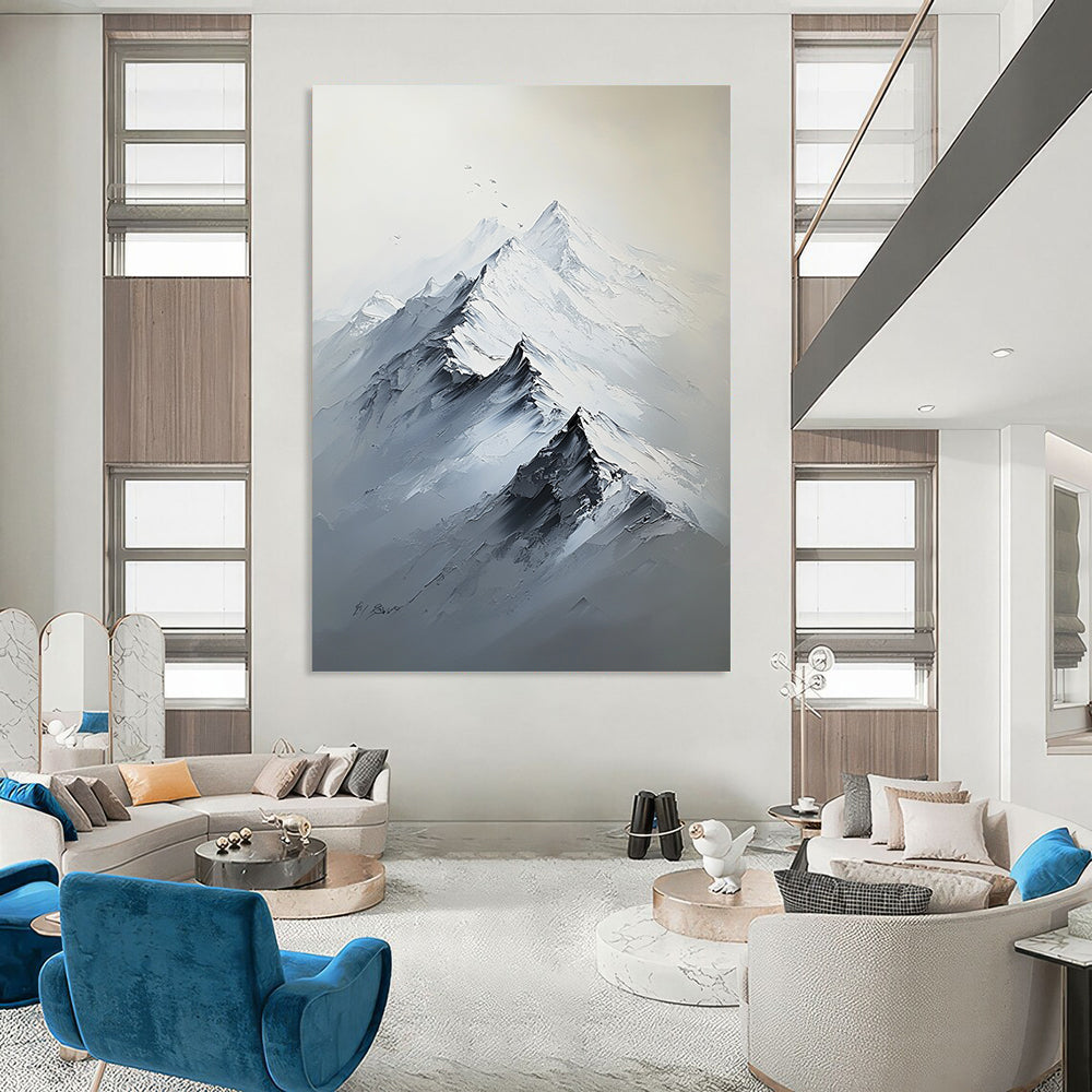 Contemporary hand-painted abstract artwork featuring a large snow-capped mountain range in white and gray tones with rich textures and strong light contrast. DLZ1290