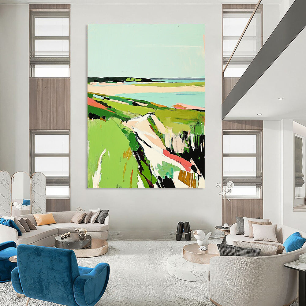 Contemporary abstract painting featuring vibrant green grass and a serene sky inspired by the coastal beauty of Cape Cod in Matisse's style. DLZ1420