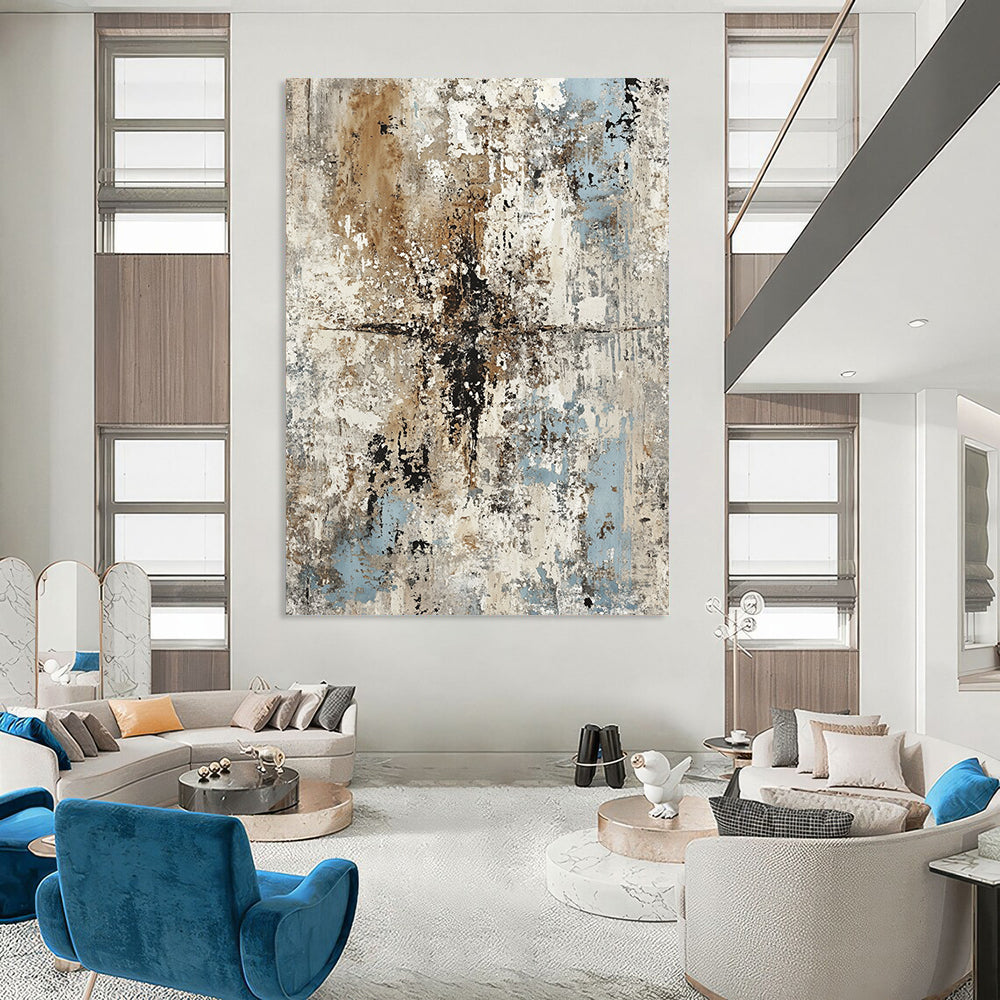 Contemporary hand-painted abstract artwork features weathered concrete and peeling paint in muted grays browns and blues for timeless elegance and rustic charm. DLZ1168