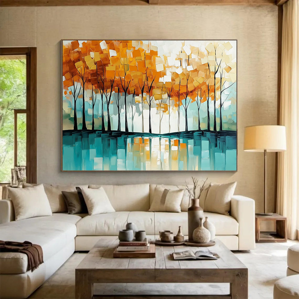 “Autumn Tree Reflection” - Orange - yellow trees, teal reflection, Abstract Landscape Painting On Canvas HB0566