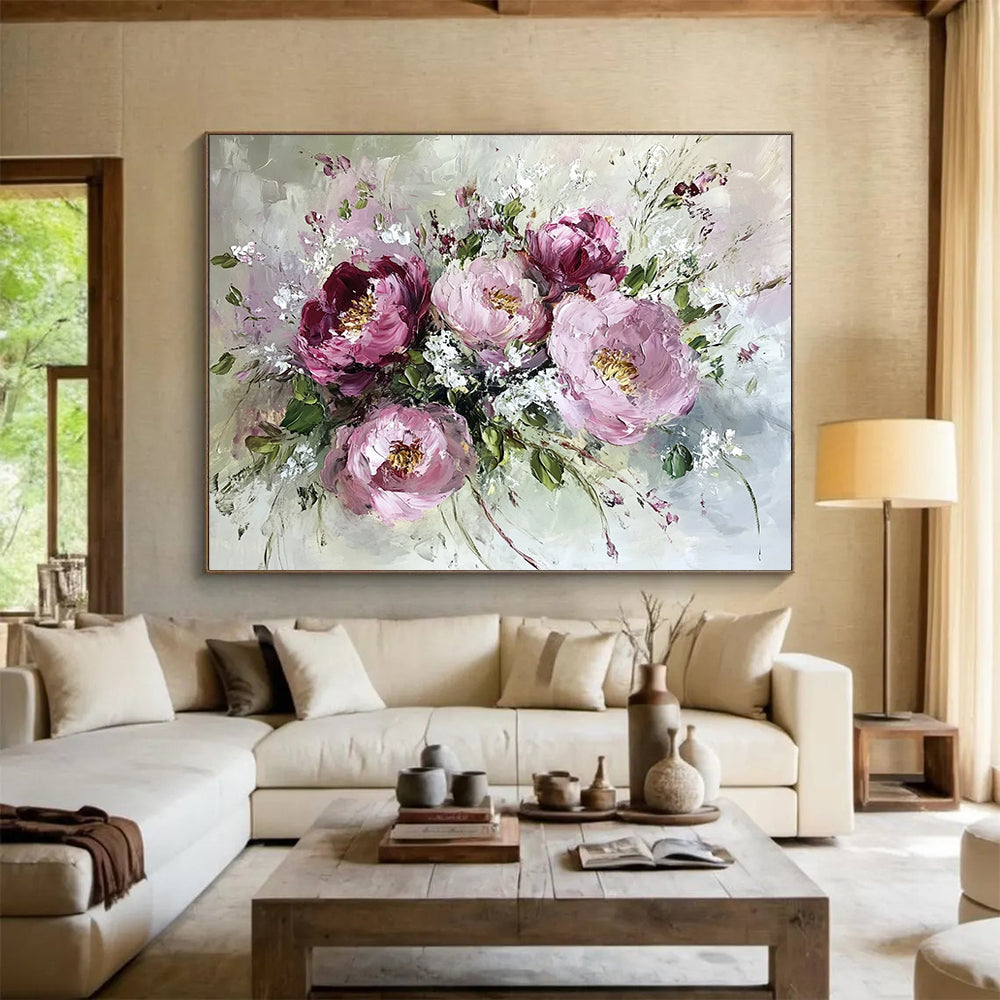“Pink - Toned Peony Bouquet” - Pinks, Whites, Greens, Peony Flowers - Impasto Oil Painting HB1586