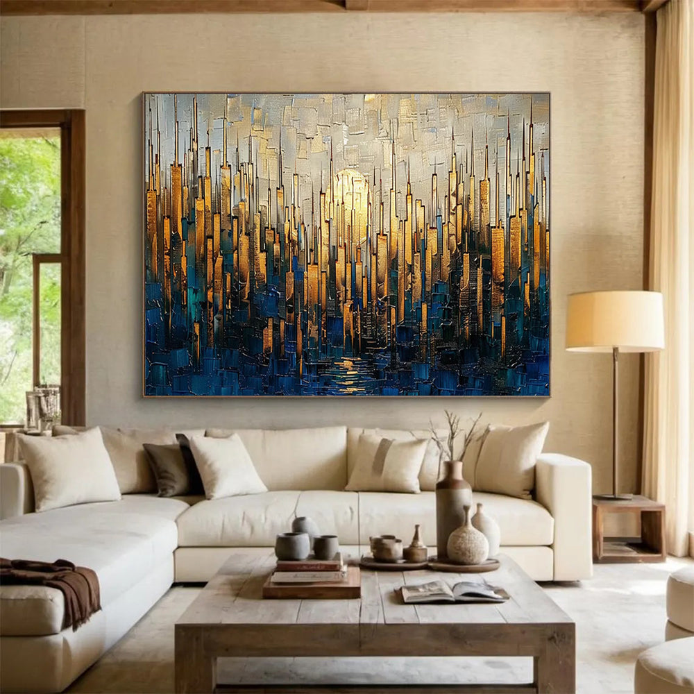 Golden Cityscape with Moon - Oversized Modern Office Art DLZ172