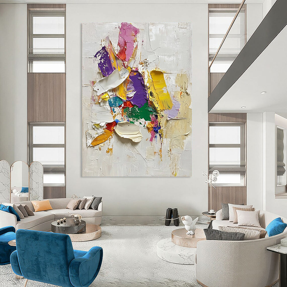 Contemporary hand-painted abstract art features vibrant paint strokes and thick oil textures on a white background with intricate details and soft edges. DLZ0578