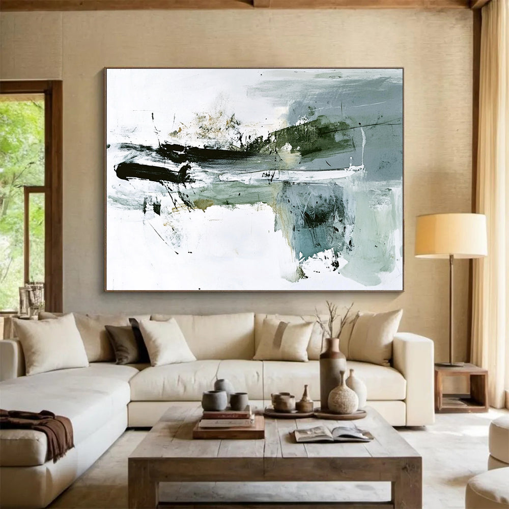 “Abstract Black and White” - Black, White, Gray, Dynamic Brushstrokes Painting On Canvas HB0944