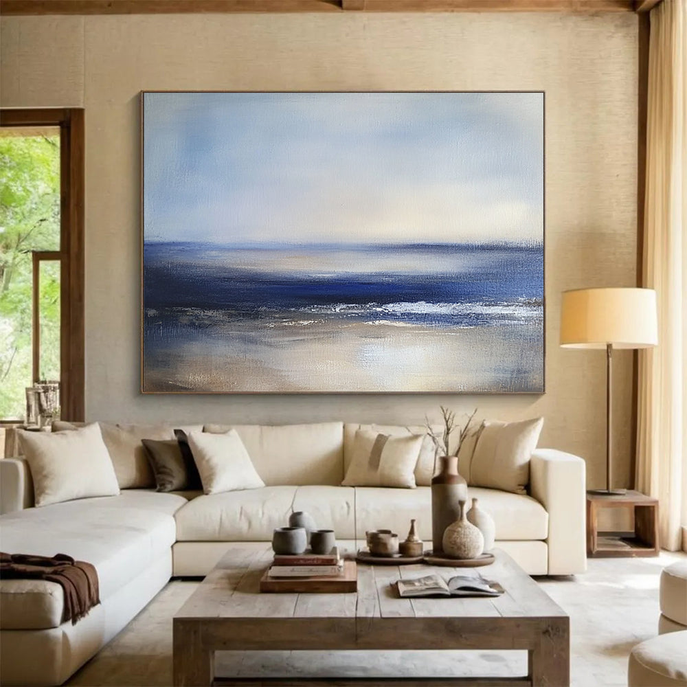 “Serene Blue - Gray Seaside” - Blue, Gray, Calm Sea Painting On Canvas HB0787