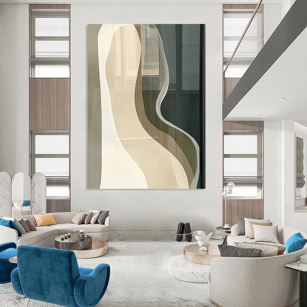Large contemporary hand-painted abstract artwork features beige and white curved lines on a dark gray background, evoking calm minimalism for modern interiors. DLZ1189