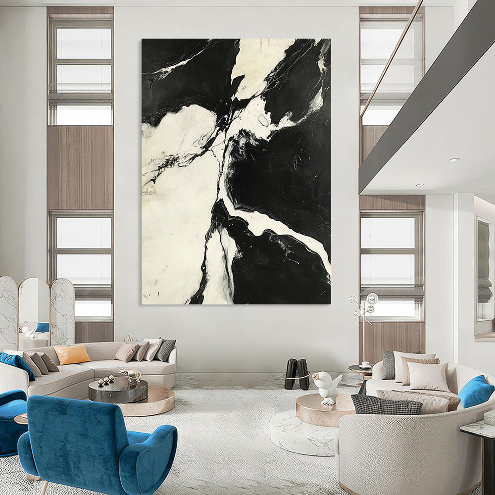 Contemporary hand-painted abstract art showcasing a striking black-and-white aerial view of high-contrast marble patterns. DLZ1138