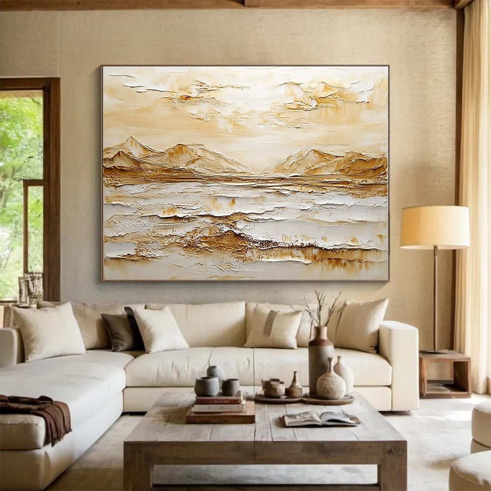 Neutral - Toned Textured Mountainscape - Minimalist Impasto Landscape Painting On Canvas HB0439