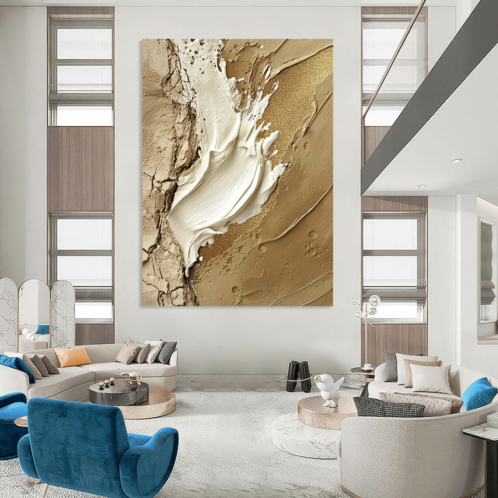 Contemporary hand-painted abstract art featuring a central white paint stroke adorned with gold glitter accents on a rugged stone-like background. DLZ1195