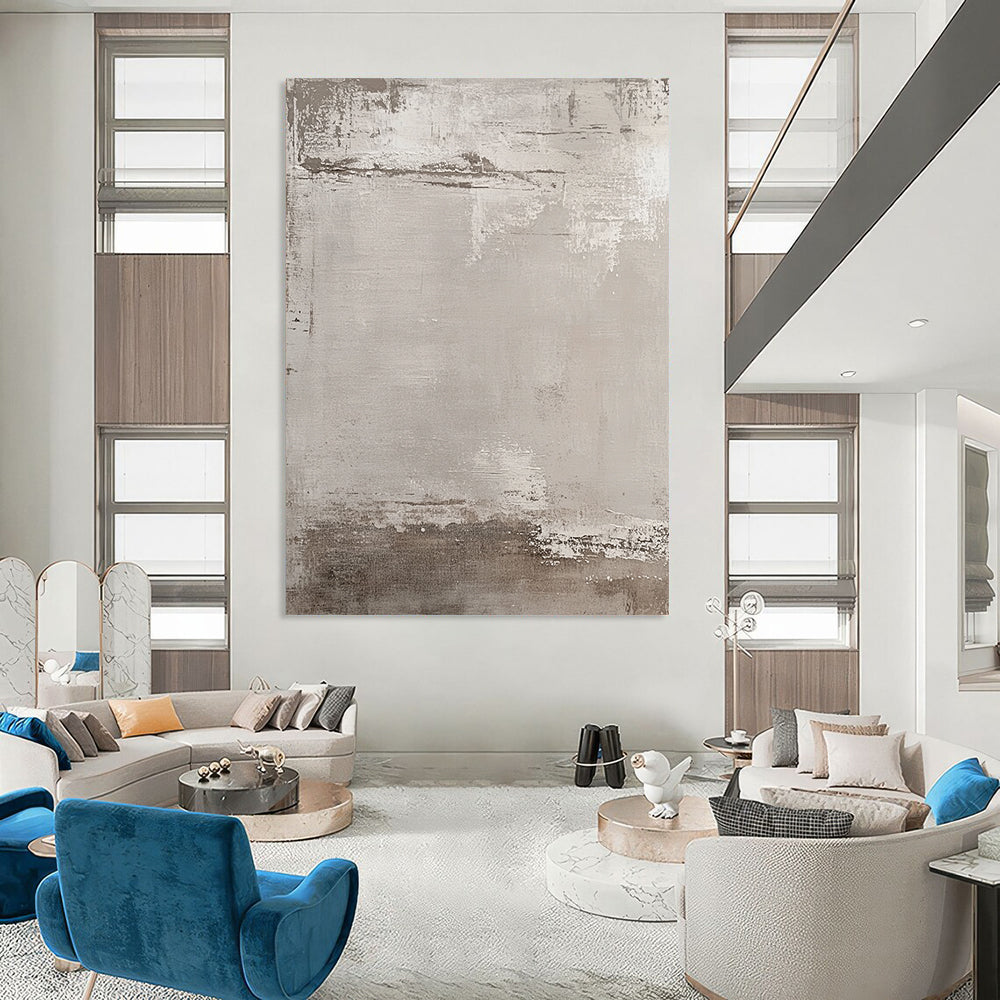Large contemporary hand-painted abstract artwork featuring muted beige and gray tones with an industrial urban feel and textured brushstroke background. DLZ1173