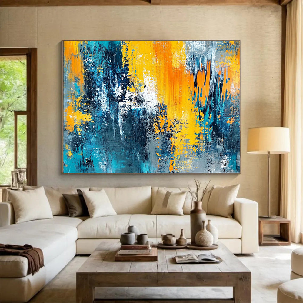 “Blue and Yellow Abstract Layers” - Blue, Yellow, Layered Textures Painting On Canvas HB0870