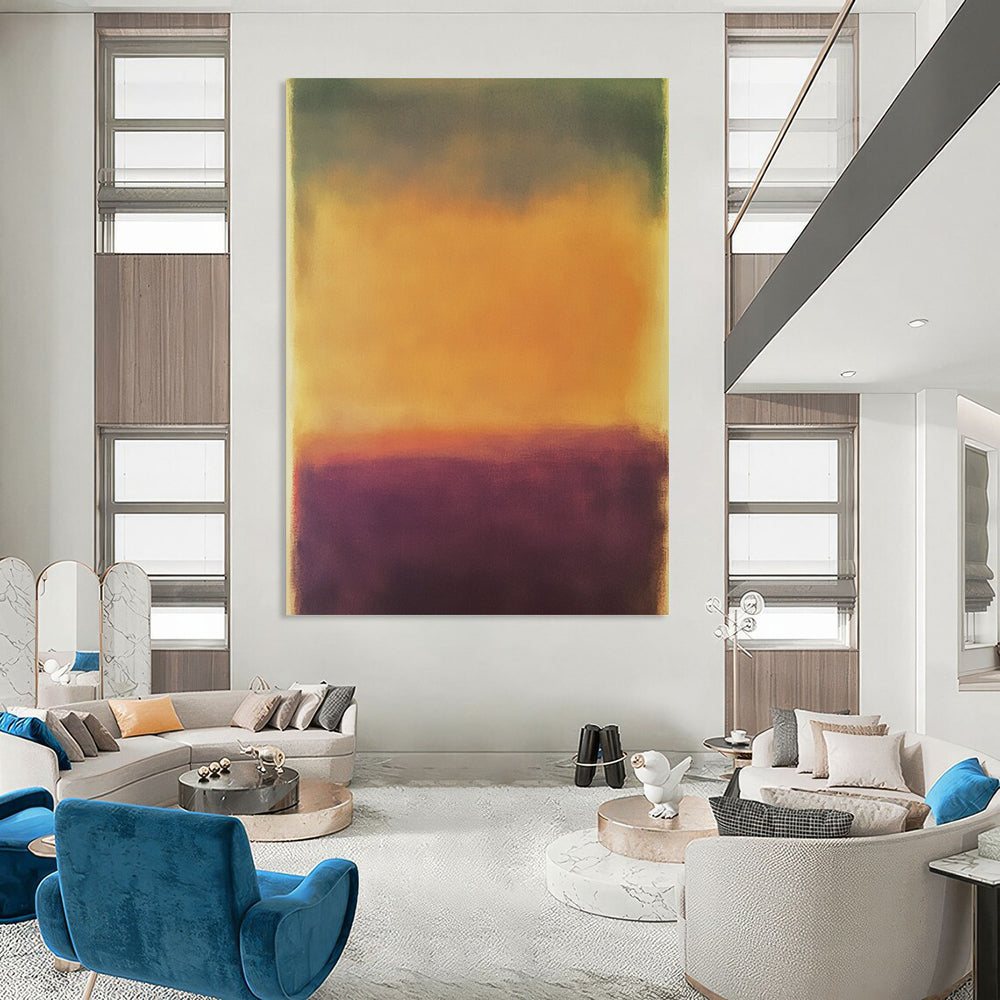 Contemporary hand-painted abstract artwork featuring a serene blurred landscape in earthy tones with a calming purple and vibrant yellow-orange sky. DLZ1389