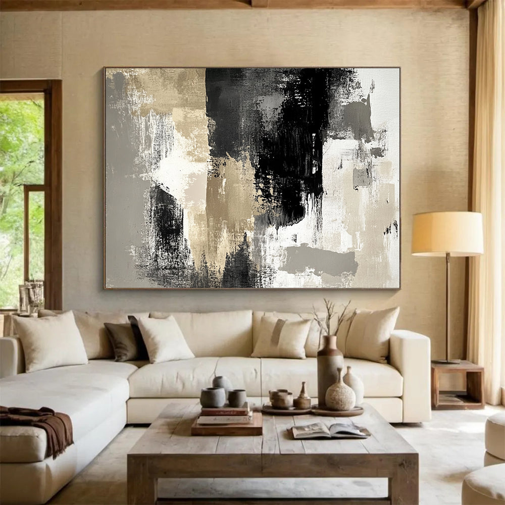 “Neutral Abstract Textures” - Beige, Gray, Black, White, Layered Textured Abstract Painting On Canvas HB0962