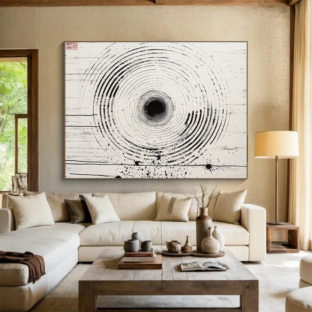 Black Rings with Splashes - “Ink - Wash Universe Rings” Painting On Canvas HB188