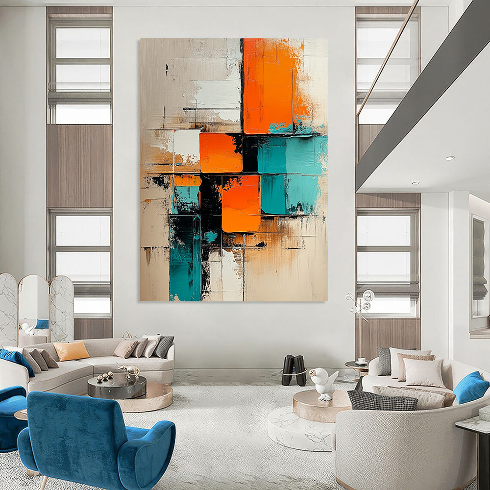 Contemporary abstract painting featuring geometric shapes in turquoise and orange on a beige background with oil paint texture on a vertical canvas. DLZ0722