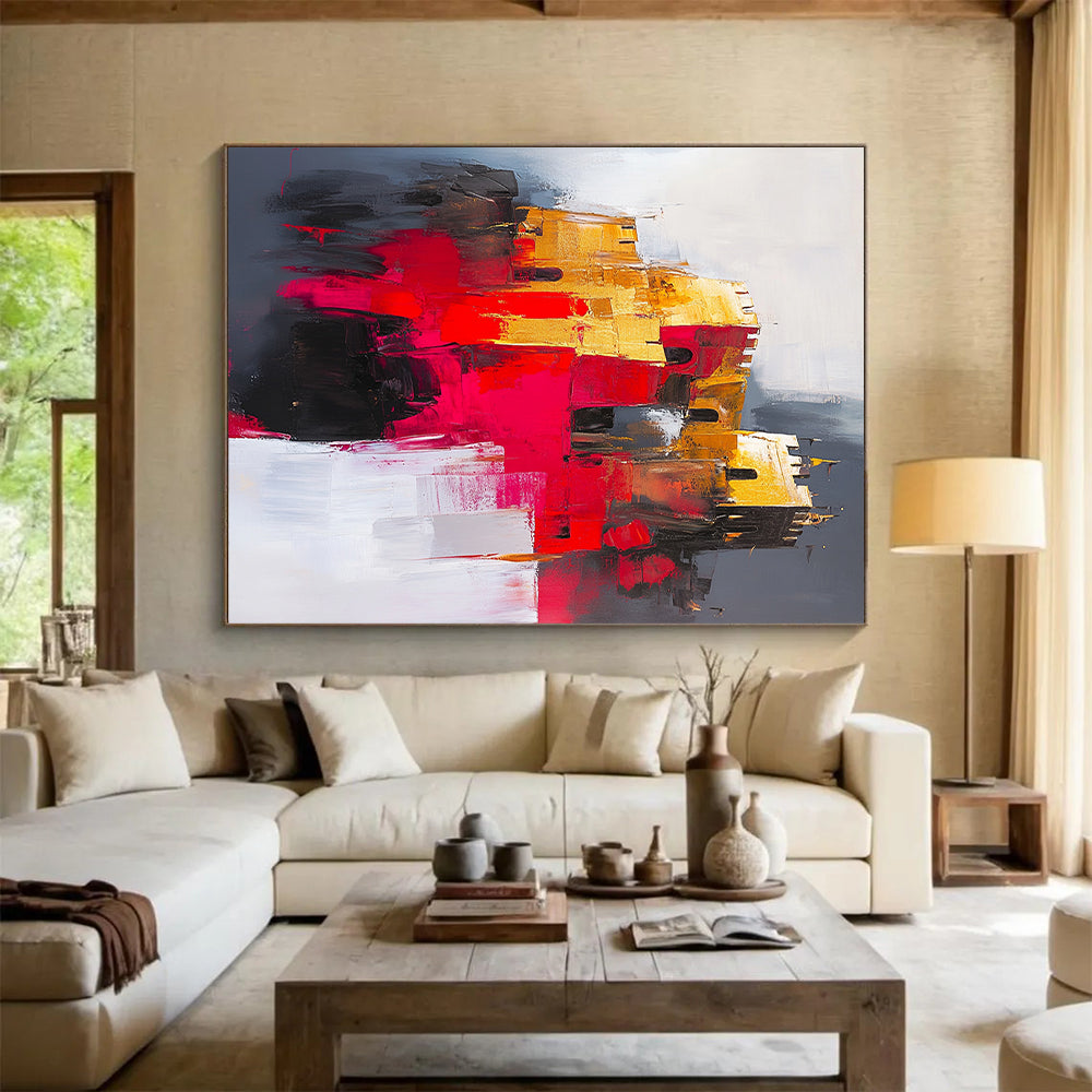 Gold, Red, Gray, White, Abstract Castle "Gilded Fortress" Abstract Impressionist Painting On Canvas HB144