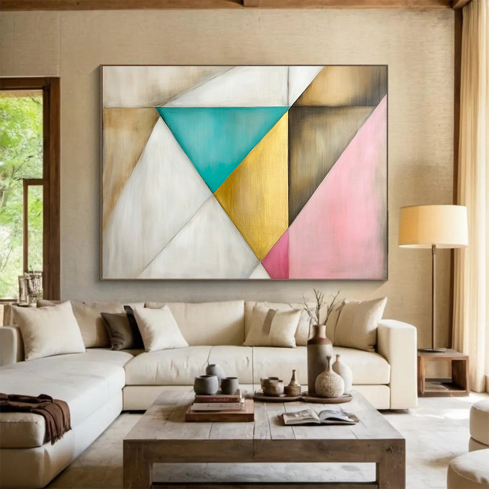 “Colorful Geometric Triangles” - Beige, Teal, Gold, Pink, Geometric Abstract Painting On Canvas HB0679