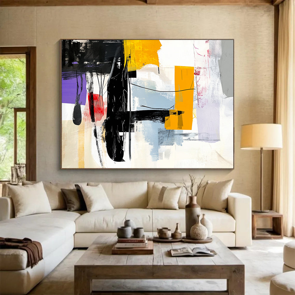 “Abstract Black, Yellow, and Colorful Shapes” - Black, Yellow, Colorful Palette, Abstract Shapes Painting On Canvas HB0863