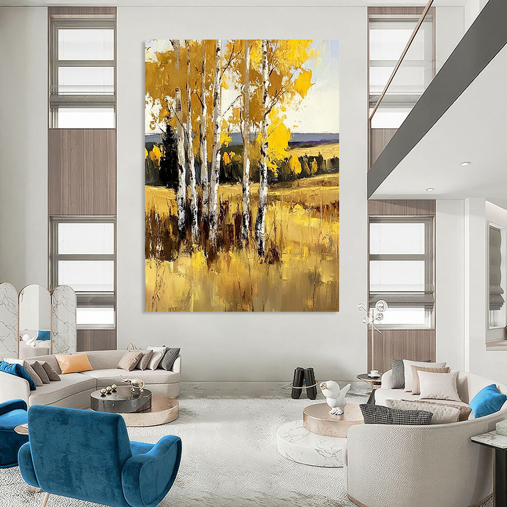 Large contemporary hand-painted abstract artwork featuring birch trees in vibrant yellow against sunny grasslands with bold brush strokes. DLZ1102