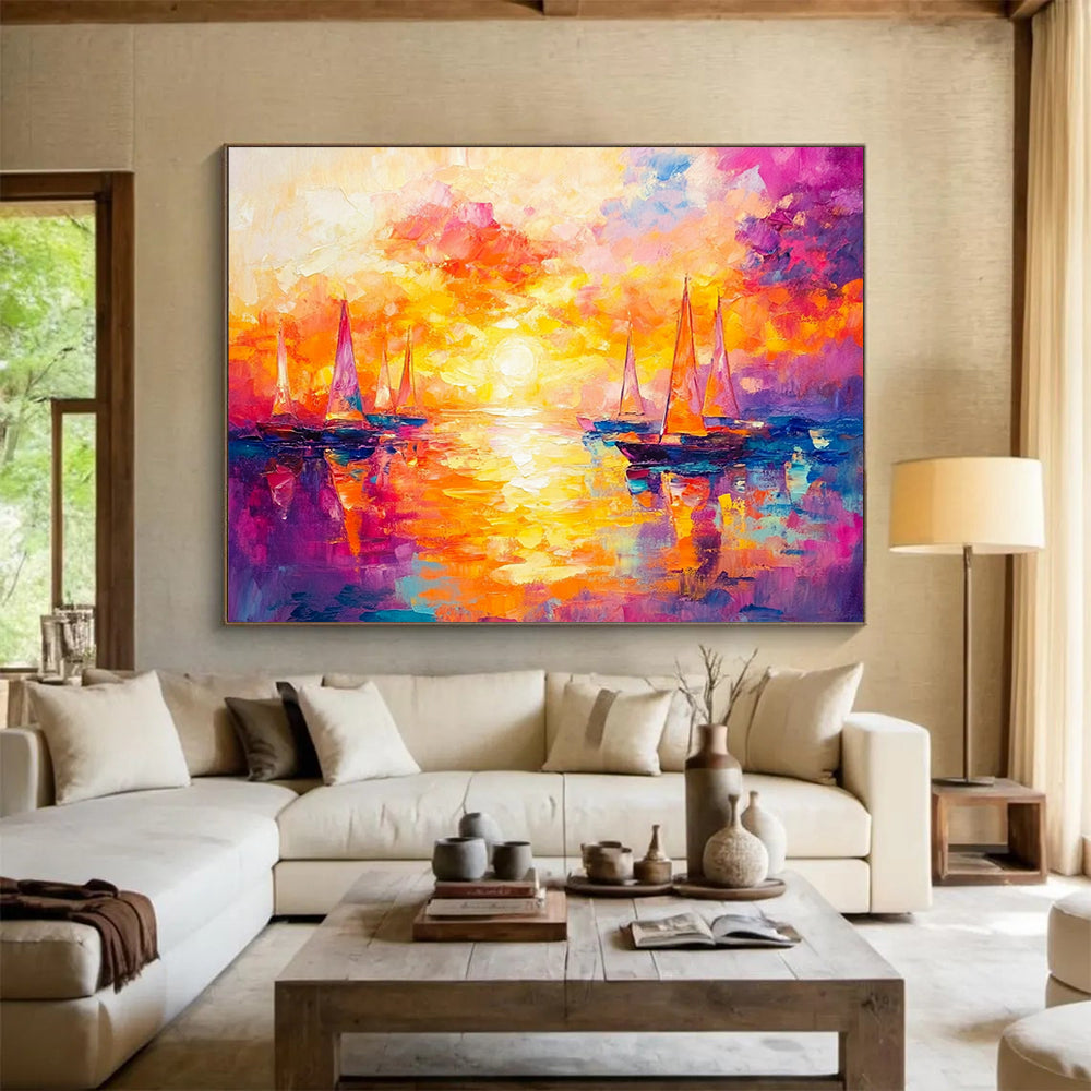 “Sailboats in Fiery Sunset” - Orange, Pink, Purple, Sailboats on Water, Impressionist - style Painting On Canvas HB1098
