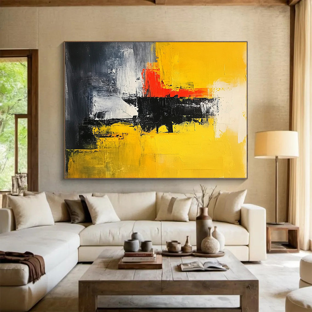 “Yellow Red Black Abstract” - Yellow, Red, Black, White, Gray, Textured Brushstrokes - Painting On Canvas HB1442