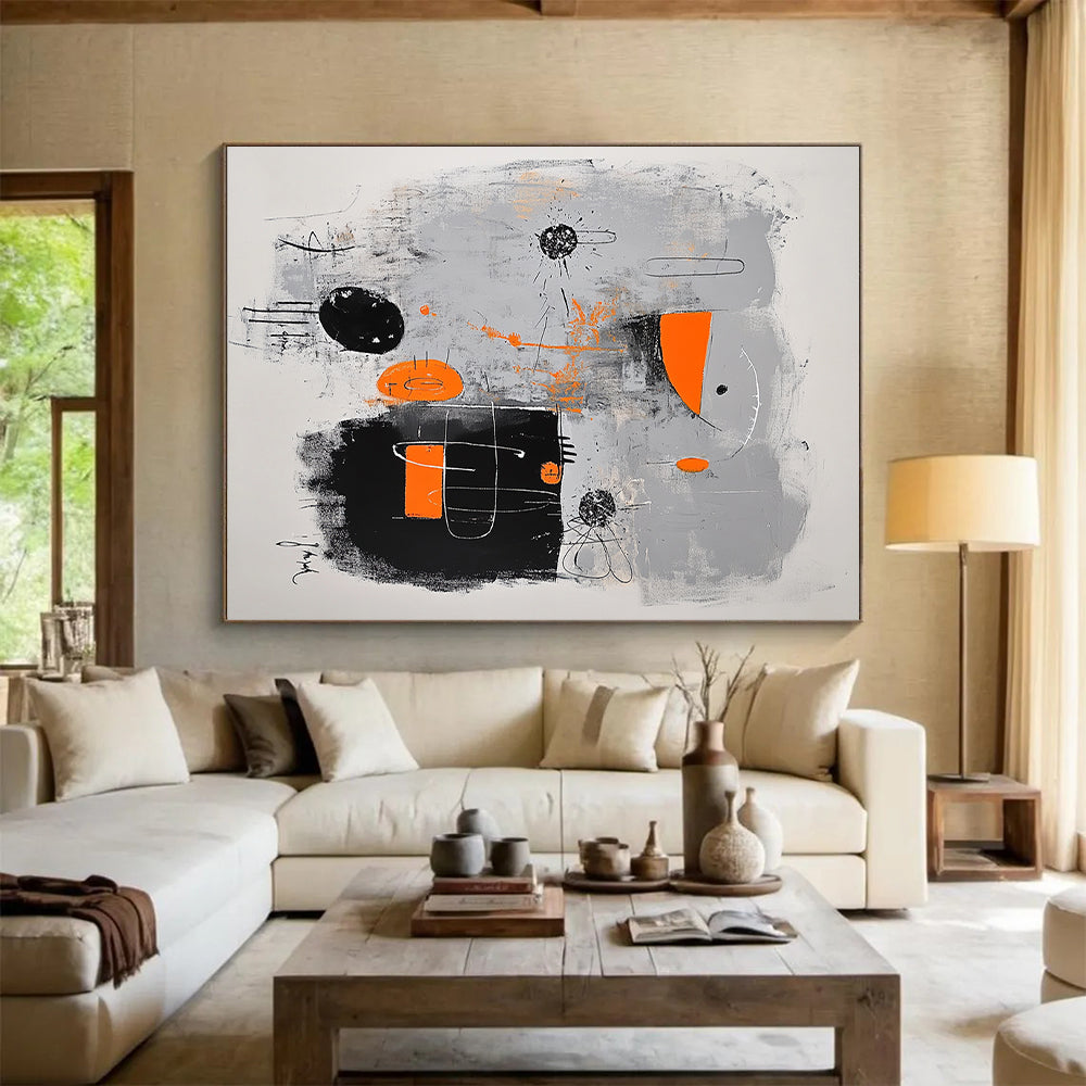 Black, Gray, Orange and White Abstract Fusion "Creative Spark" Painting On Canvas HB328