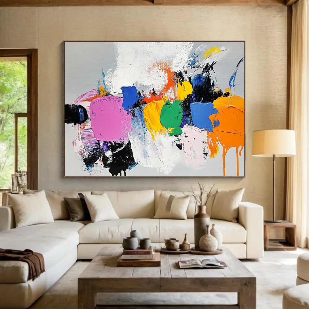 “Colorful Abstract Shapes” - Pink, Blue, Yellow, Green, Abstract Expressive Painting On Canvas HB1089
