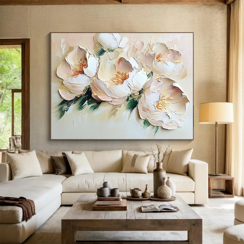 “Blush Peony Blooms” - Muted peaches, whites, greens; Thick - textured peony flowers; Impasto Floral Painting On Canvas HB1157