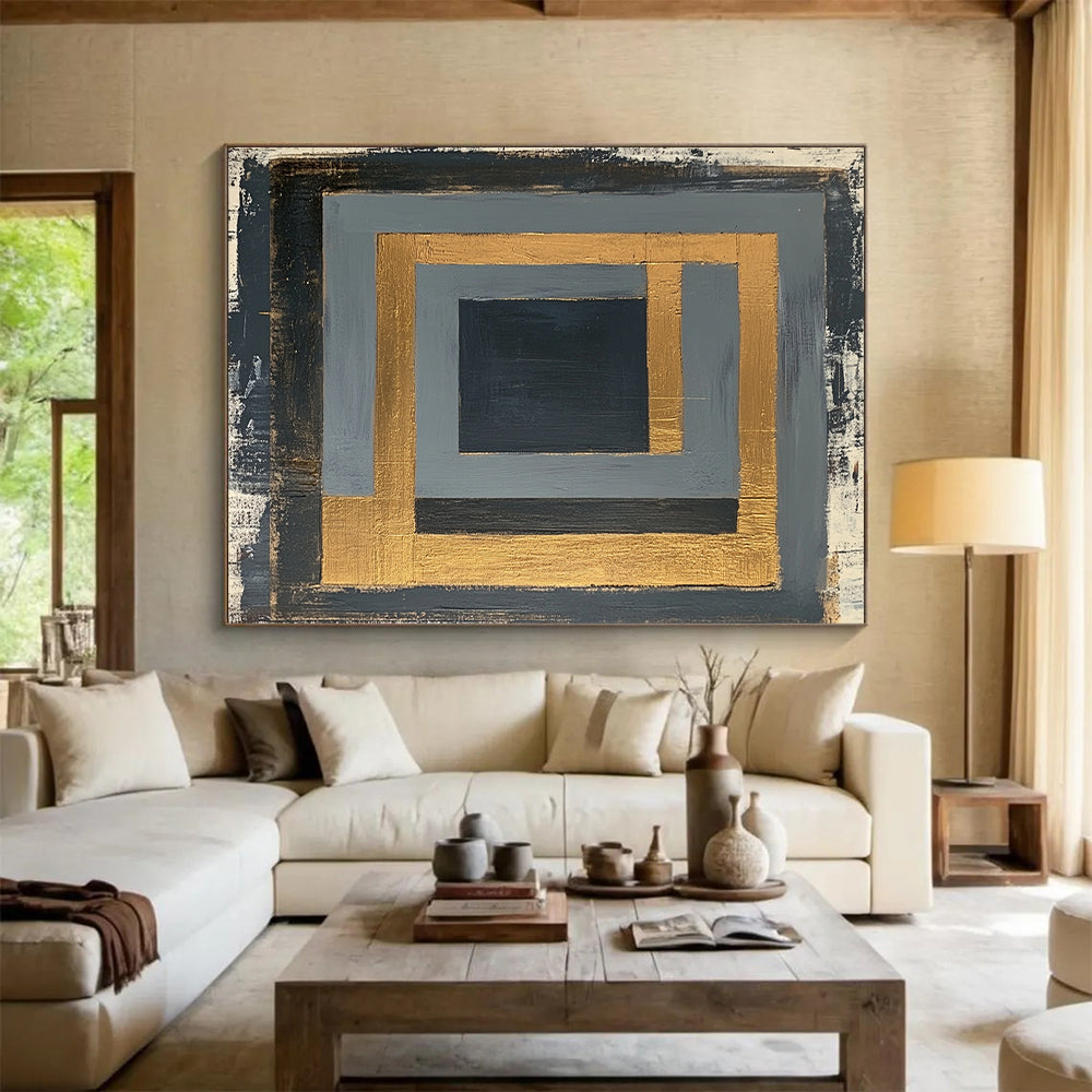 Gray, Black, Gold and White Geometric Frames "Framed Mystery" Painting On Canvas HB349