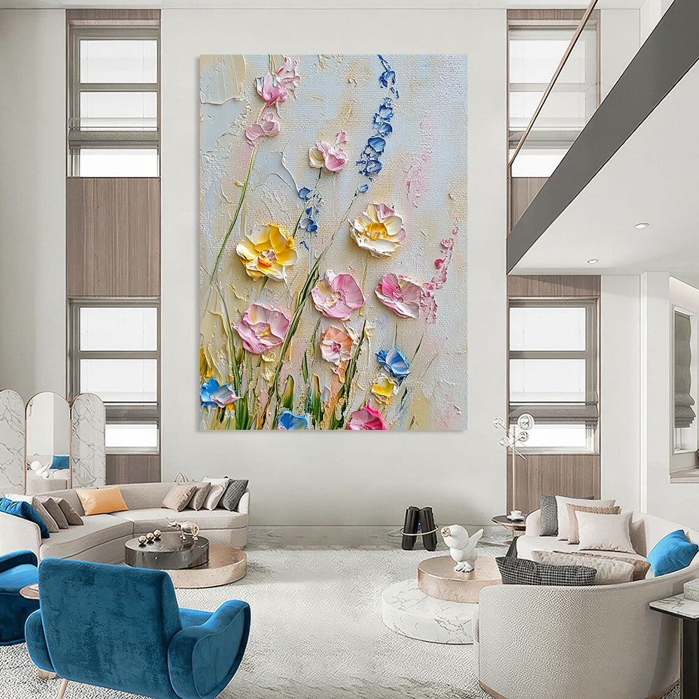 Contemporary hand-painted abstract artwork showcases delicate wildflowers in pastel pinks yellows and blues against a crisp white background. DLZ1246