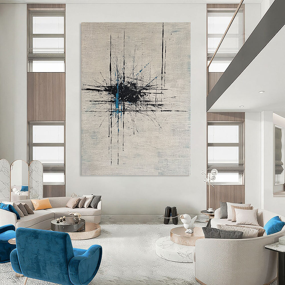Contemporary hand-painted abstract artwork featuring dynamic lines and dots on white canvas enhanced by bold black ink and vibrant blue highlights. DLZ0883