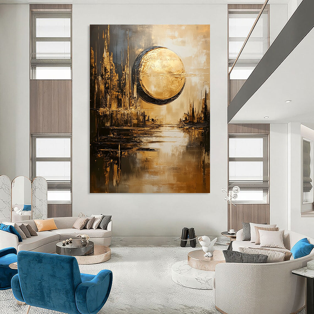 Contemporary abstract artwork features a dystopian cityscape with a sun and moon in gold and gray hues reflecting on water in a dreamy atmosphere. DLZ1094