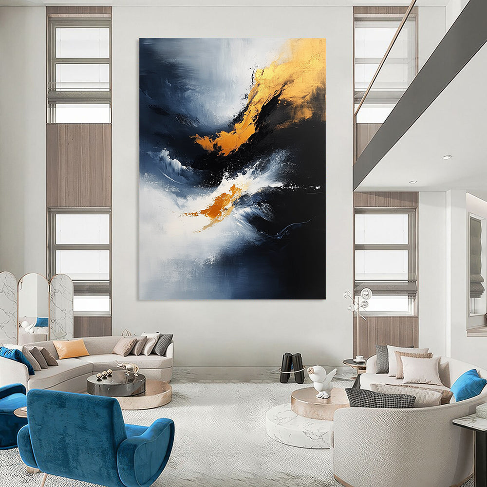 Contemporary abstract painting features dynamic brush strokes and atmospheric clouds in blue, black, and gold on textured canvas. DLZ0357