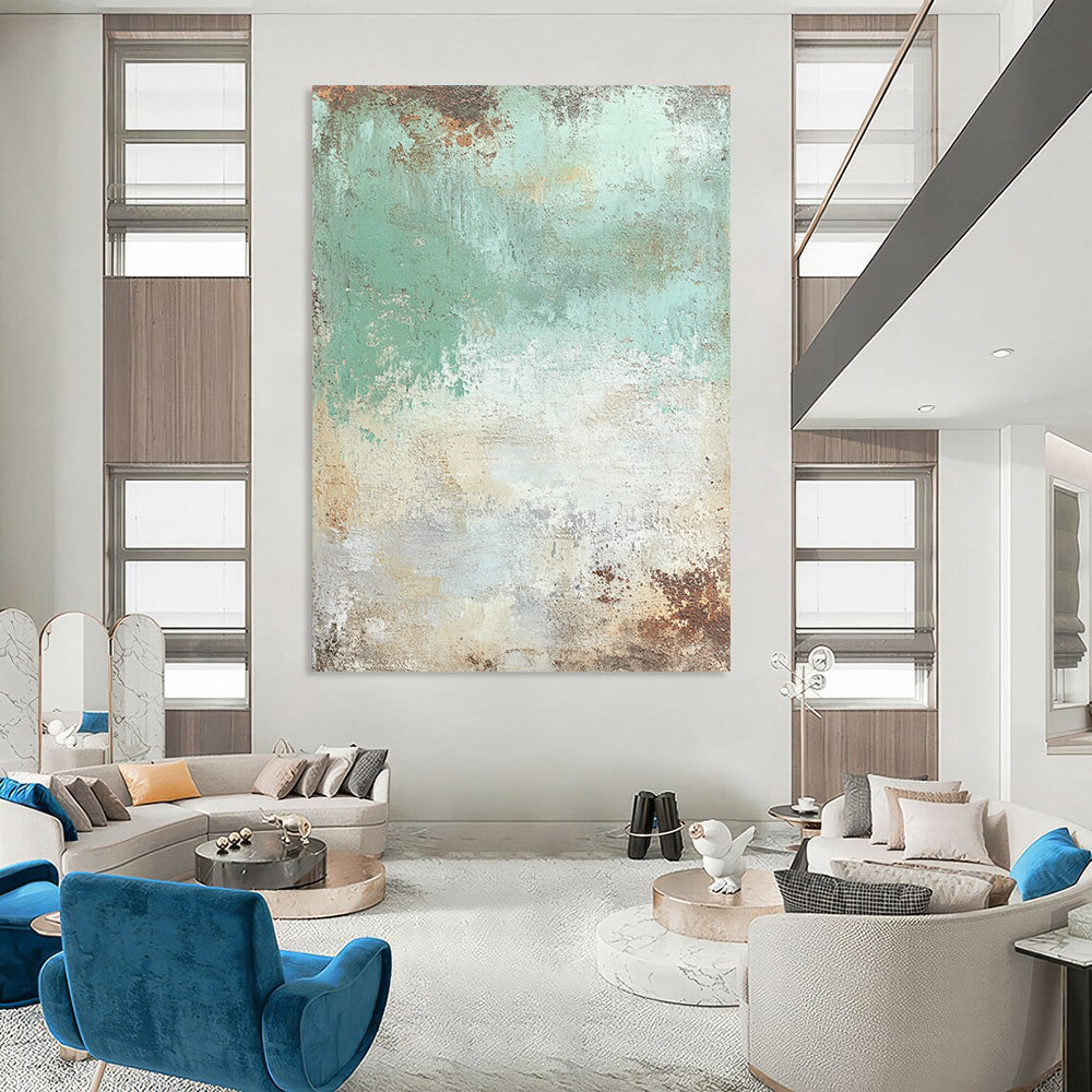Contemporary abstract painting featuring seafoam green and cream textures with brown and rust accents, mixed media, artistically distressed details. DLZ0659